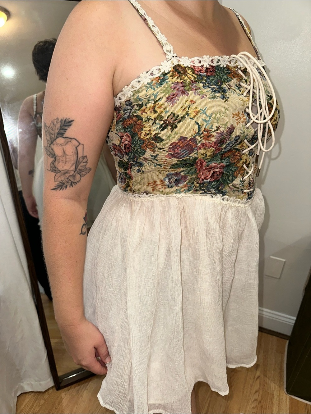 Cider Cream Mini Dress with Floral Lace-Up Bodice - Picture 3 of 6